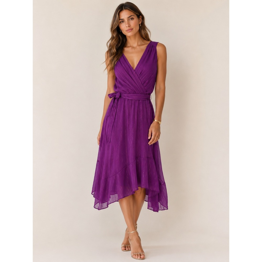 DKNY Faux Wrap Fit & Flare Midi Dress Sleeveless Tie Size 6 Party Feminine NEW